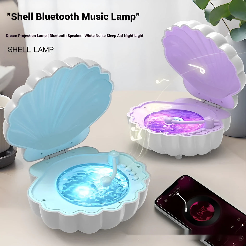 Retro blue vinyl record player shell functioning as a Bluetooth speaker lamp on a wooden desk.