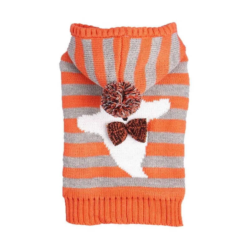 Orange knitted pet sweater with striped pattern, hood and fur balls for Halloween