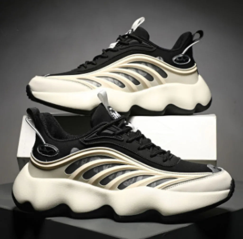 Men's retro low-top mesh dad shoes with thick wear-resistant sole, front lace-up, black or white, sizes 39-45