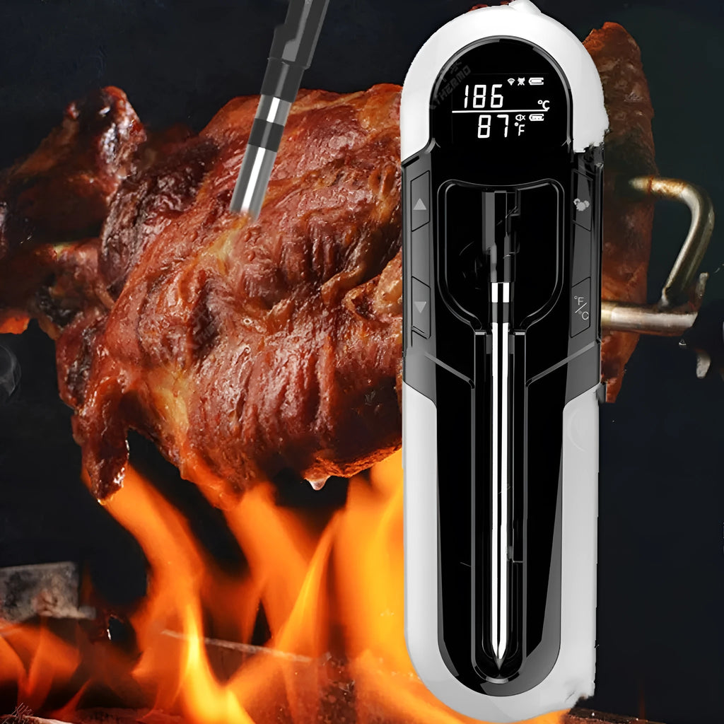 Bluetooth BBQ thermometer in grey, blue or orange, 175x49x20mm, with wireless app control and IP66 waterproof rating.