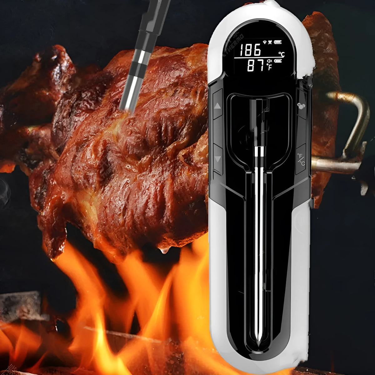 Bluetooth BBQ thermometer in grey, blue or orange, 175x49x20mm, with wireless app control and IP66 waterproof rating.