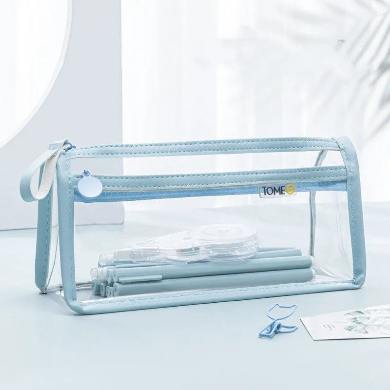Transparent double-layer pencil case in blue showing interior compartments