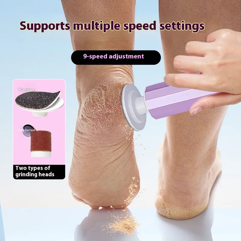 USB-powered sole nail trimmer and callus remover device in pink, black, or purple with grinding wheel accessories.