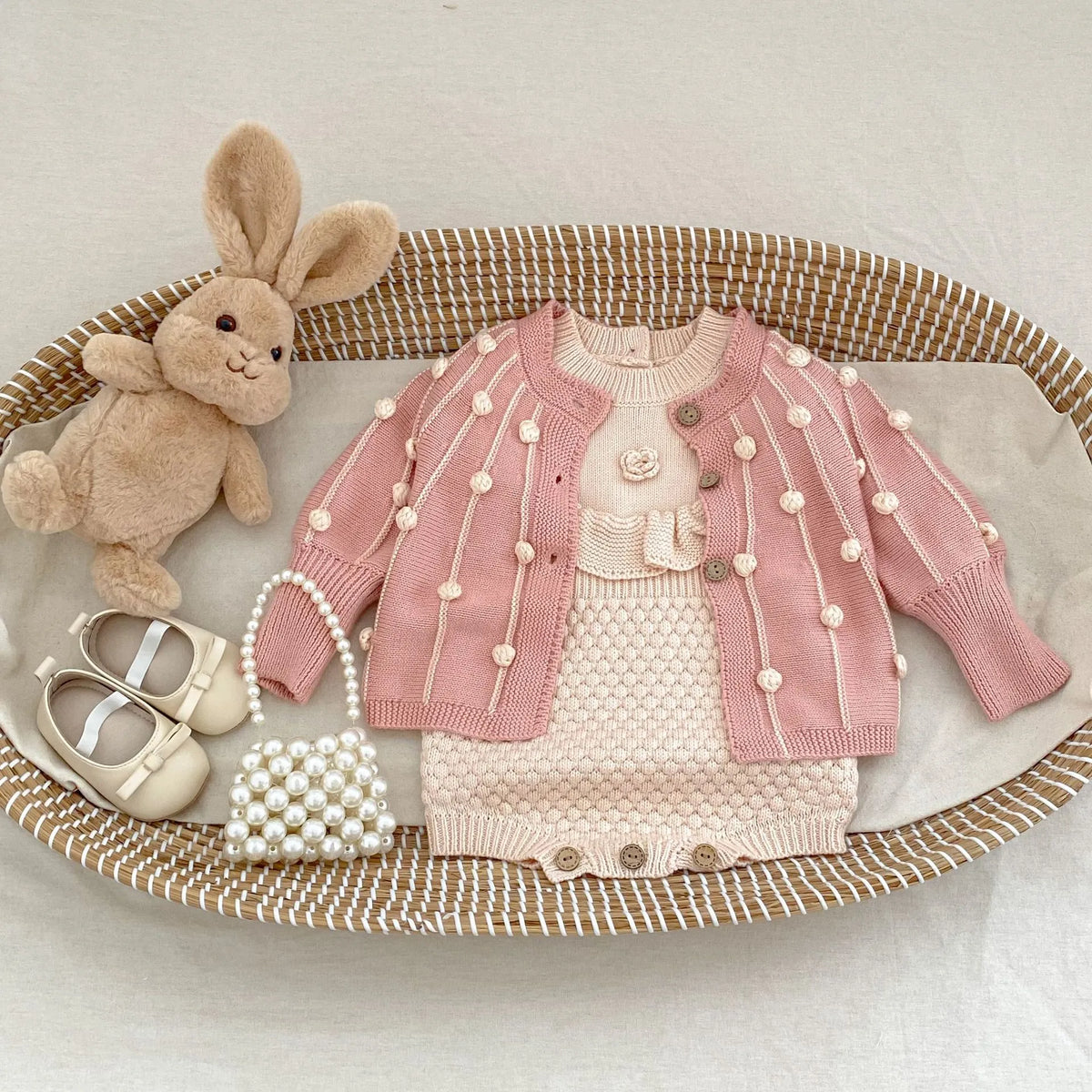 Baby girls stone powder cotton knitted jumpsuit with hand crochet flower pineapple plaid, long sleeve pullover