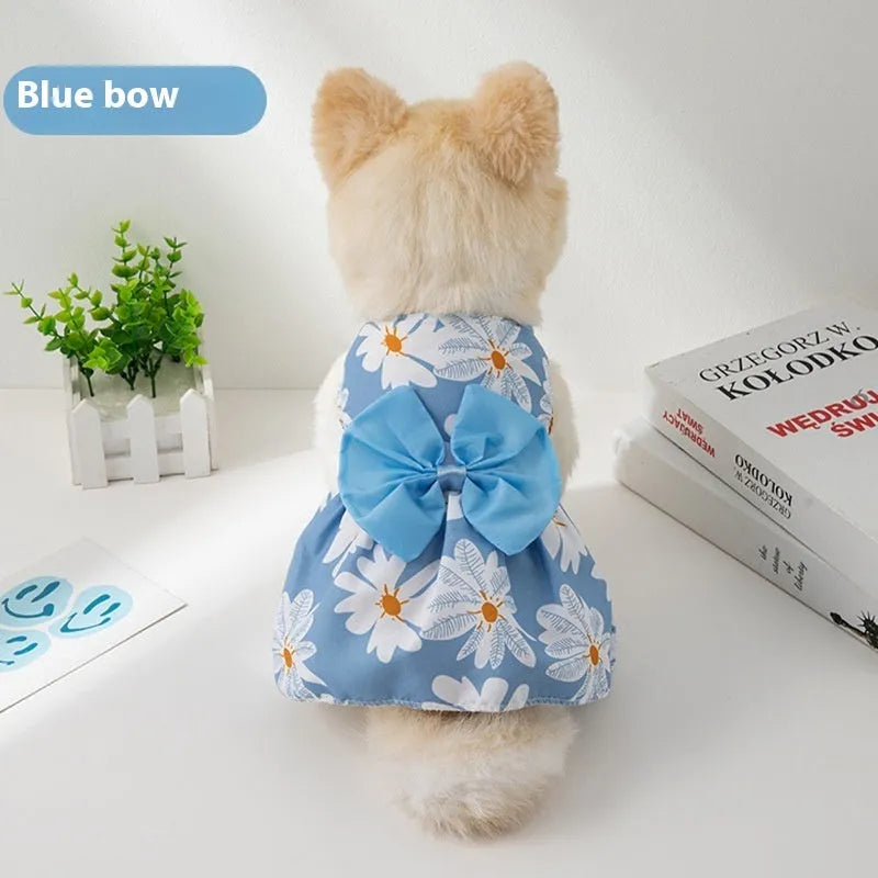 Floral butterfly knot polyester pet dress for dog or cat in blue bow colour
