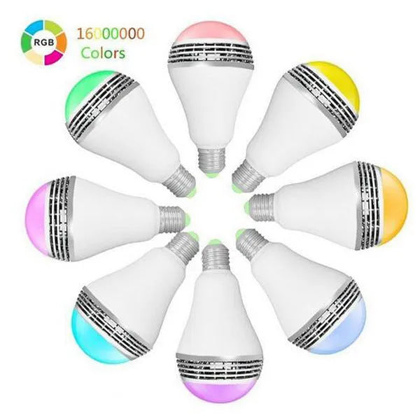E27 smart LED bulb with Bluetooth speaker functionality showing 100mm diameter
