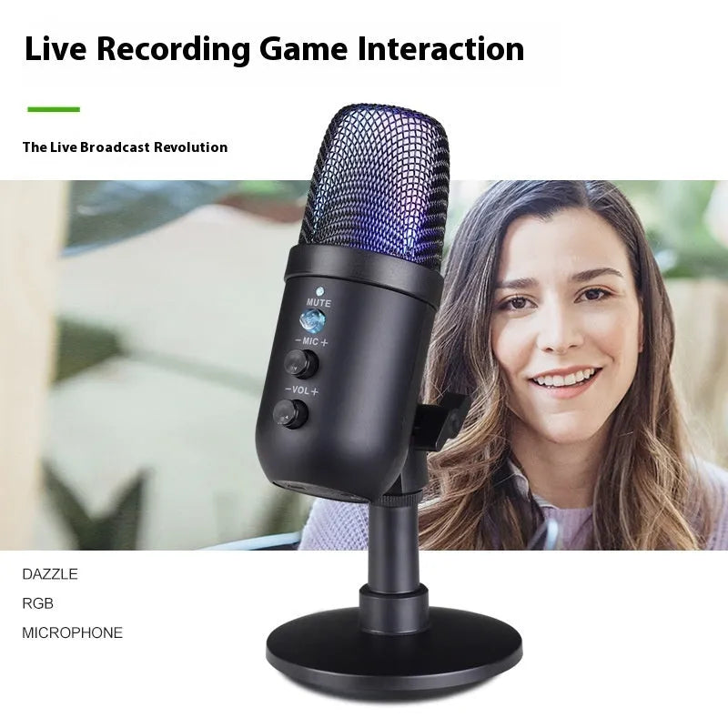 Black USB desktop microphone with RGB lighting for streaming and gaming.