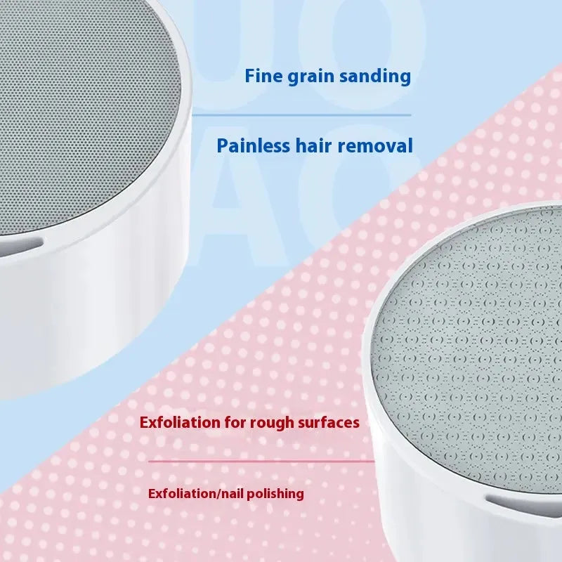 White and blue nano glass epilator and foot grinder device on a plain background