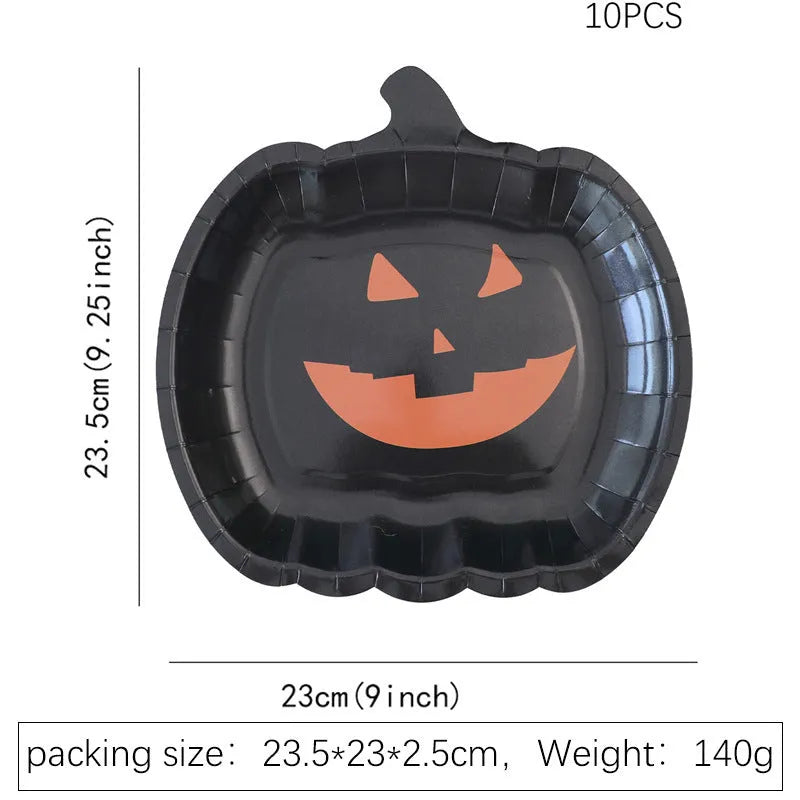 Black pumpkin design disposable paper plates measuring 9 inches in diameter, shown in Halloween party setting.