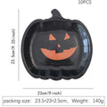 Black pumpkin design disposable paper plates measuring 9 inches in diameter, shown in Halloween party setting.
