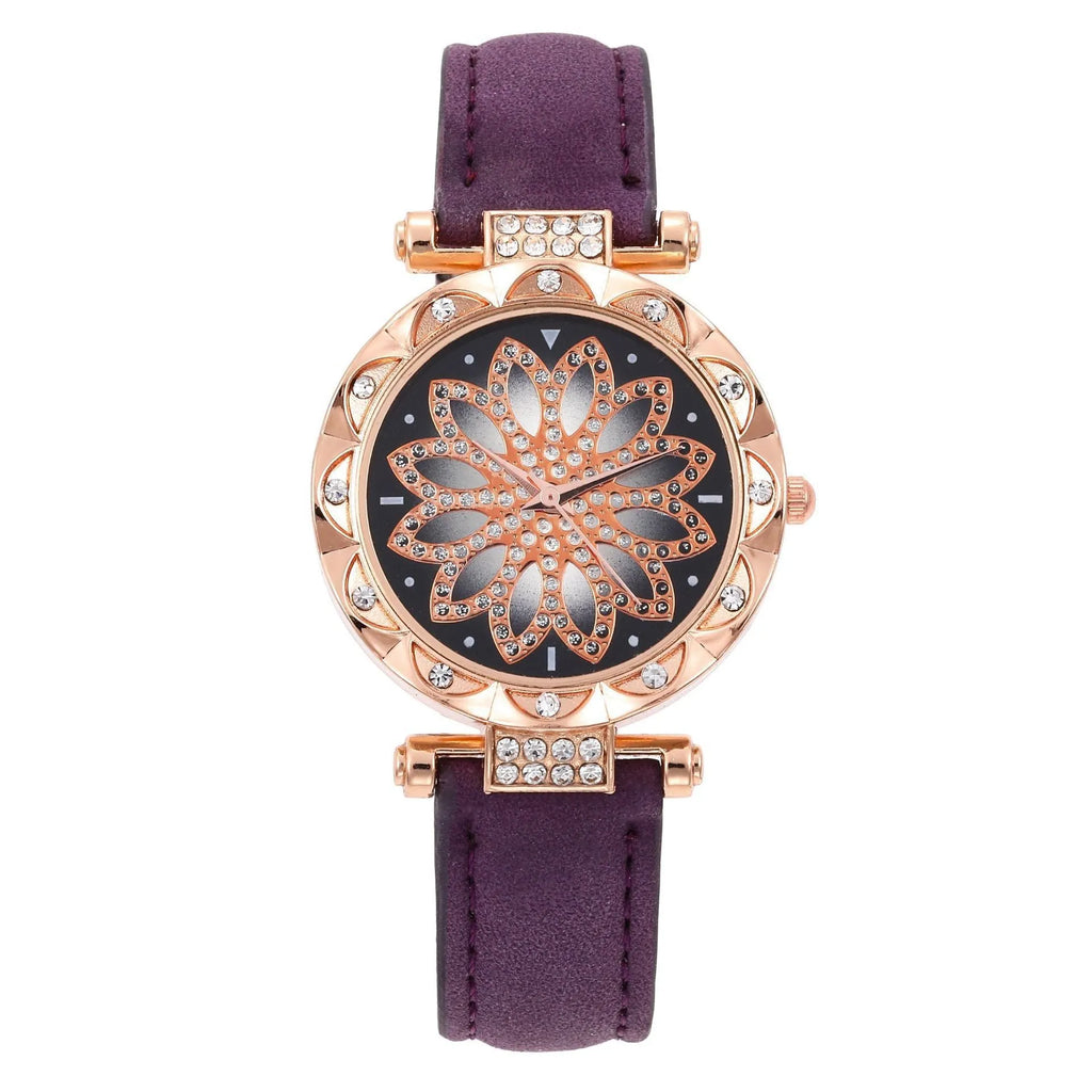 Women's quartz watch bracelet set with faux leather strap, stainless steel buckle, and matching jewellery