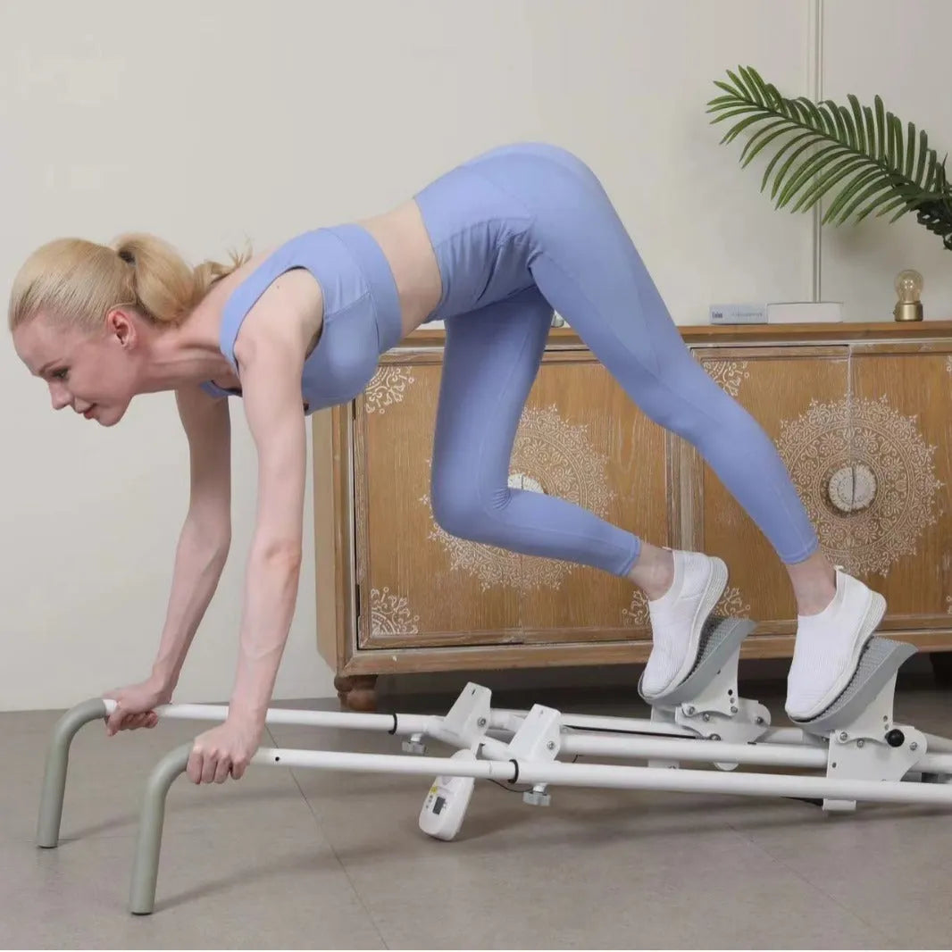 White foldable multi-function treadmill with integrated climbing frame and climbing machine for home fitness