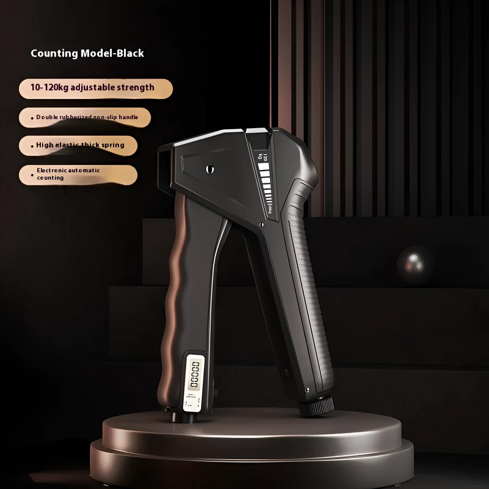 Adjustable hand gripper with mechanical counter showing resistance settings from 5 to 60kg