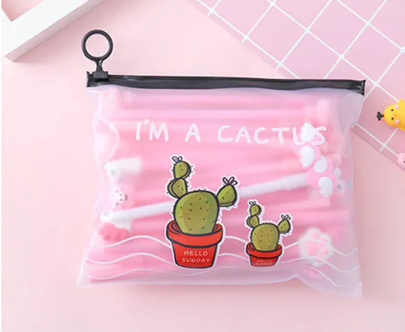 20 black cartoon cactus design pens with 0.5mm tips and a matching plastic pen case.