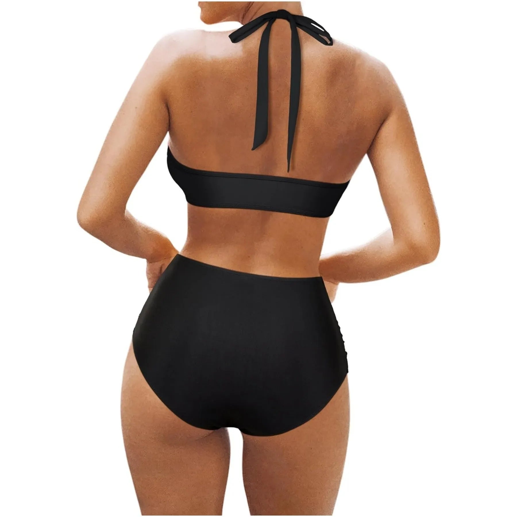 Women's black polyester split bikini swimsuit with separate top and bottom pieces