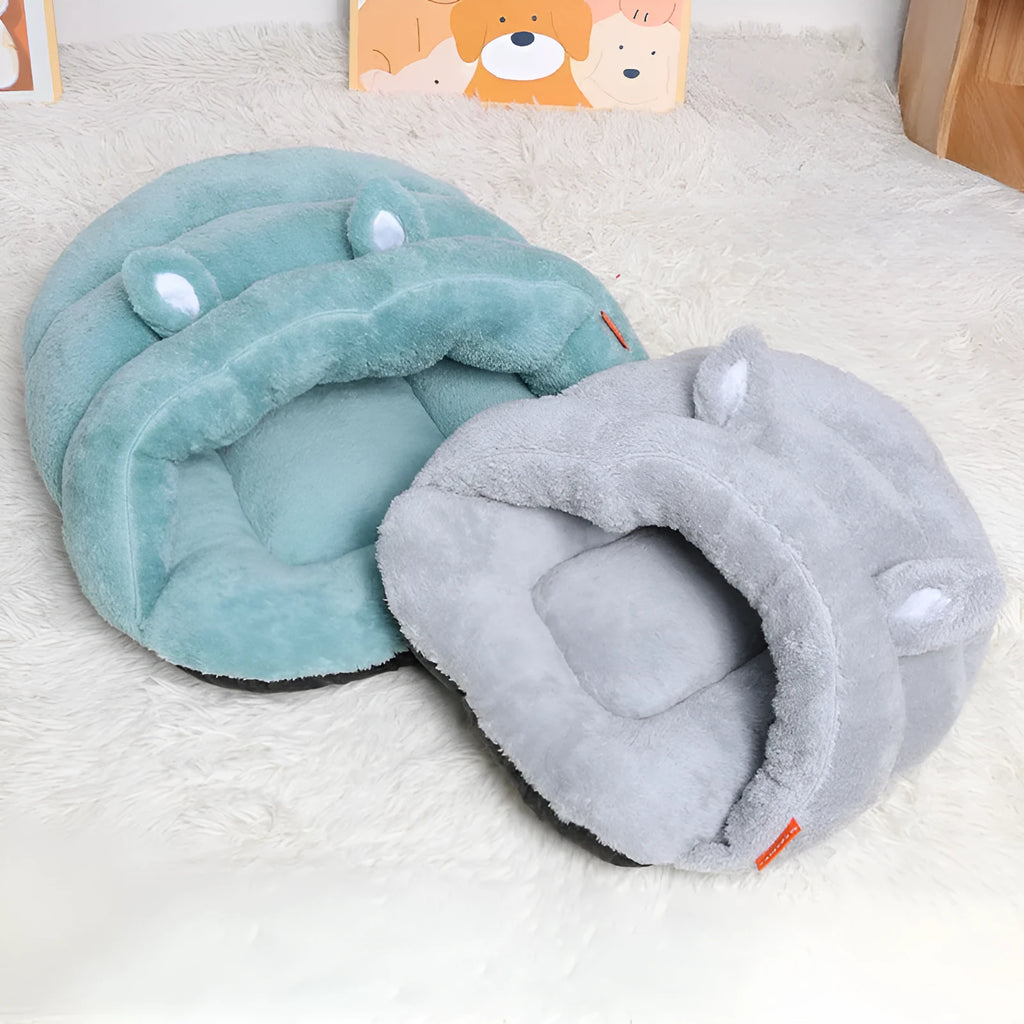 Soft cozy pet cave bed in beige, blue, or grey, sizes M 60x48x28cm and S 45x36x22cm for dogs, cats, and kittens
