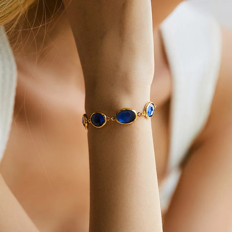 Geometric ellipse women's bracelet with glass inlay on 18K copper in blue, green, multicolor options