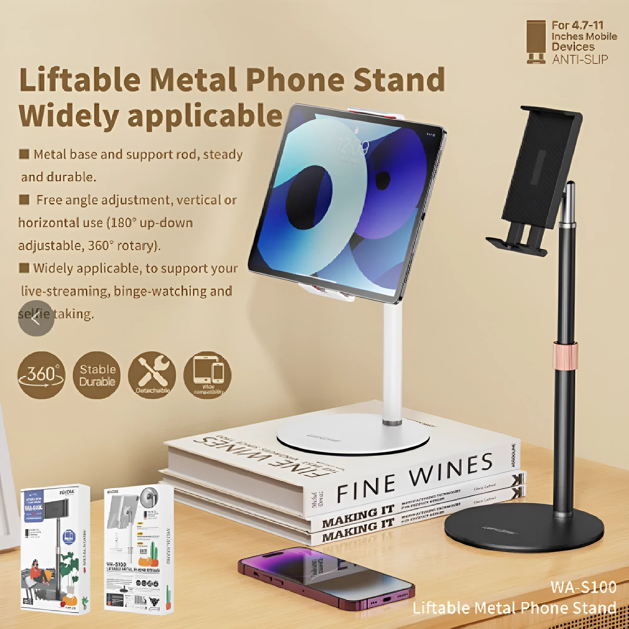 Black adjustable metal tablet bracket with telescopic arm extended, holding an 11-inch tablet