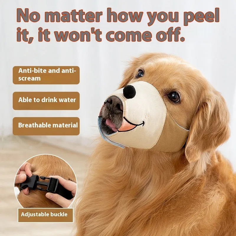 Canvas dog muzzle in Ollie Brown Bear colour, shown next to size chart for S, M, L, and XL.