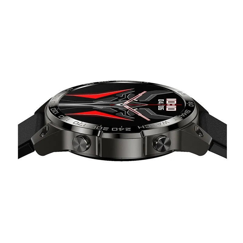 Round Bluetooth smartwatch with AMOLED screen on a silicone strap, showing fitness stats.