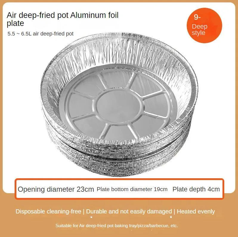 Round aluminium foil air fryer liner with 4 cm deep edge, non-stick and oil-proof, available in 14.5 cm to 23 cm diameters