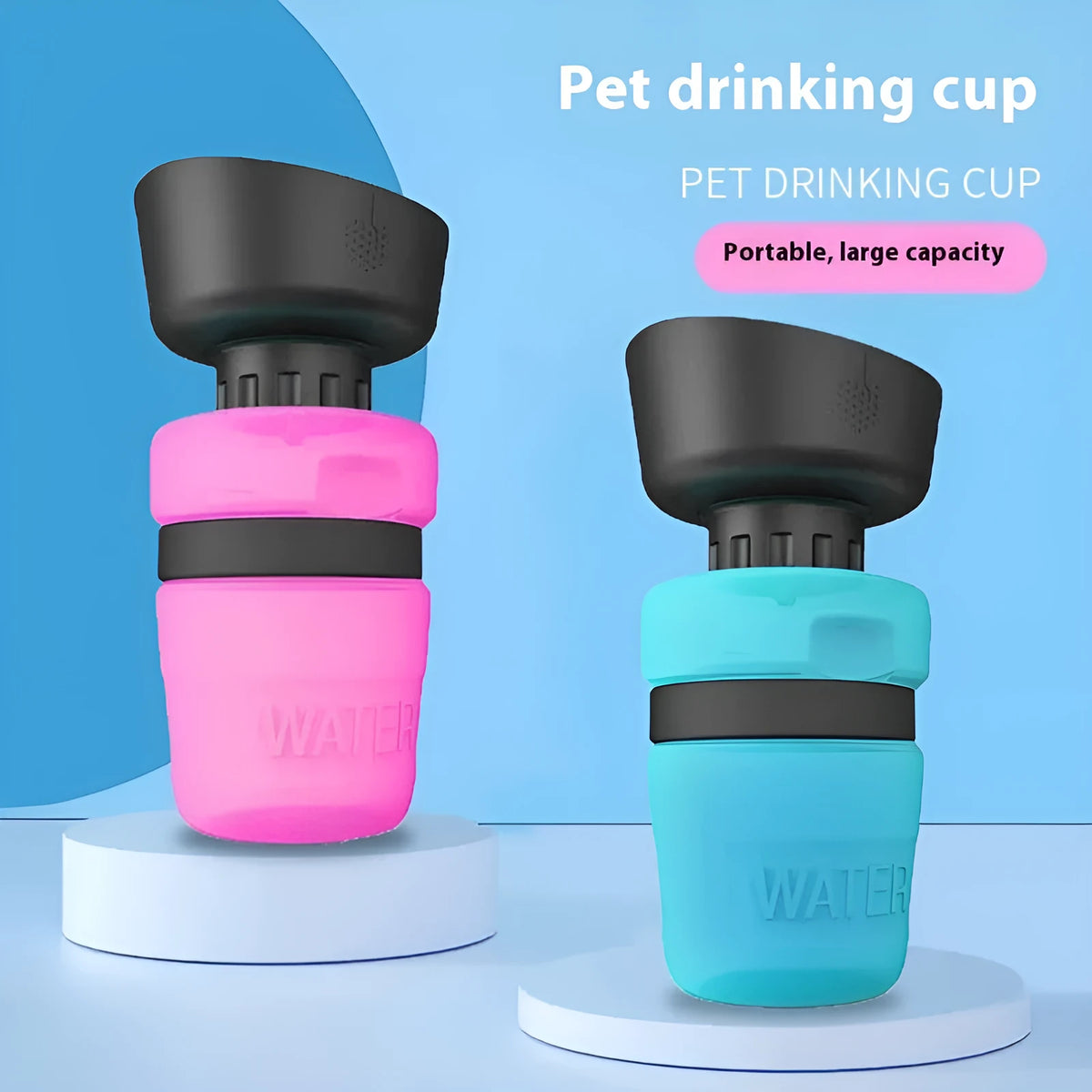 Foldable dog travel water bottle 520ml with fold cap bowl, blue, food-grade silicone and HDPE, leak-resistant pet dispenser