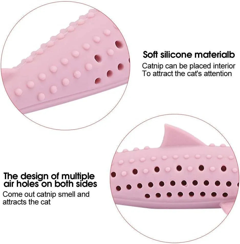 Green silicone fish-shaped cat chew toy with breathable side holes for catnip scent release