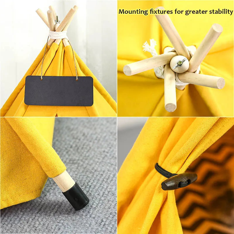 White and yellow striped pet teepee tent bed with cushion for small dogs or cats