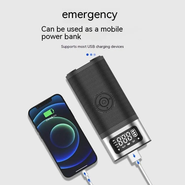 Black portable wireless air pump with 15cm tube and multiple nozzles for vehicle tyres, bicycles and swimming rings