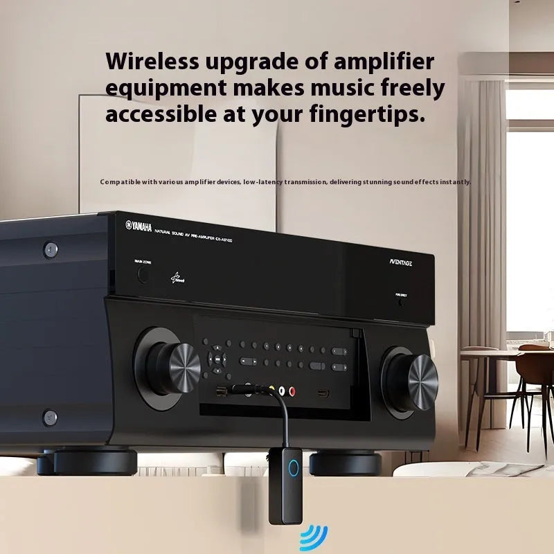 Black Bluetooth 5.4 audio adapter with a 3.5mm aux plug for wireless music streaming.