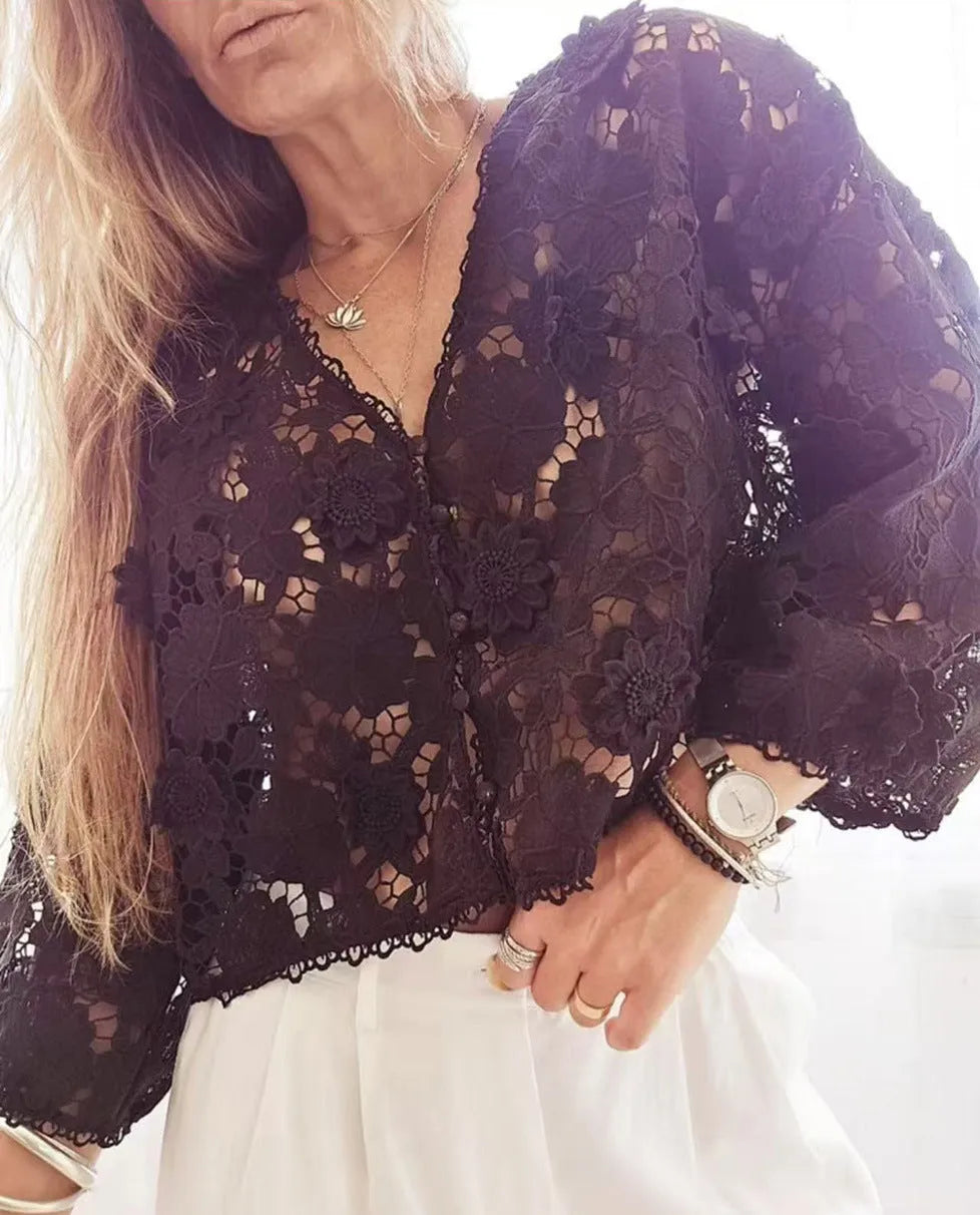 Women's lace V-neck cardigan with three-dimensional floral sleeves in loose fit street fashion style