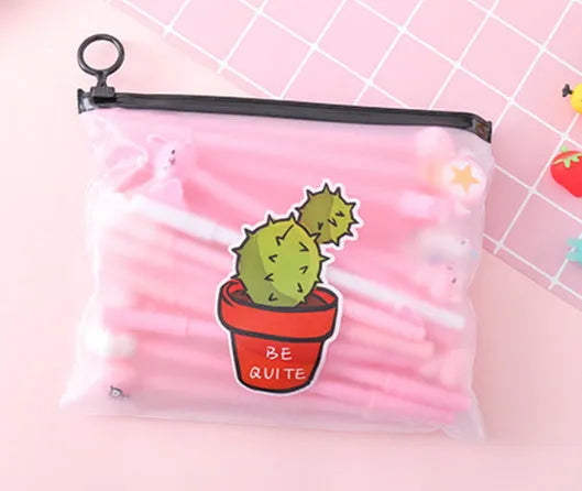 20 black cartoon cactus design pens with 0.5mm tips and a matching plastic pen case.