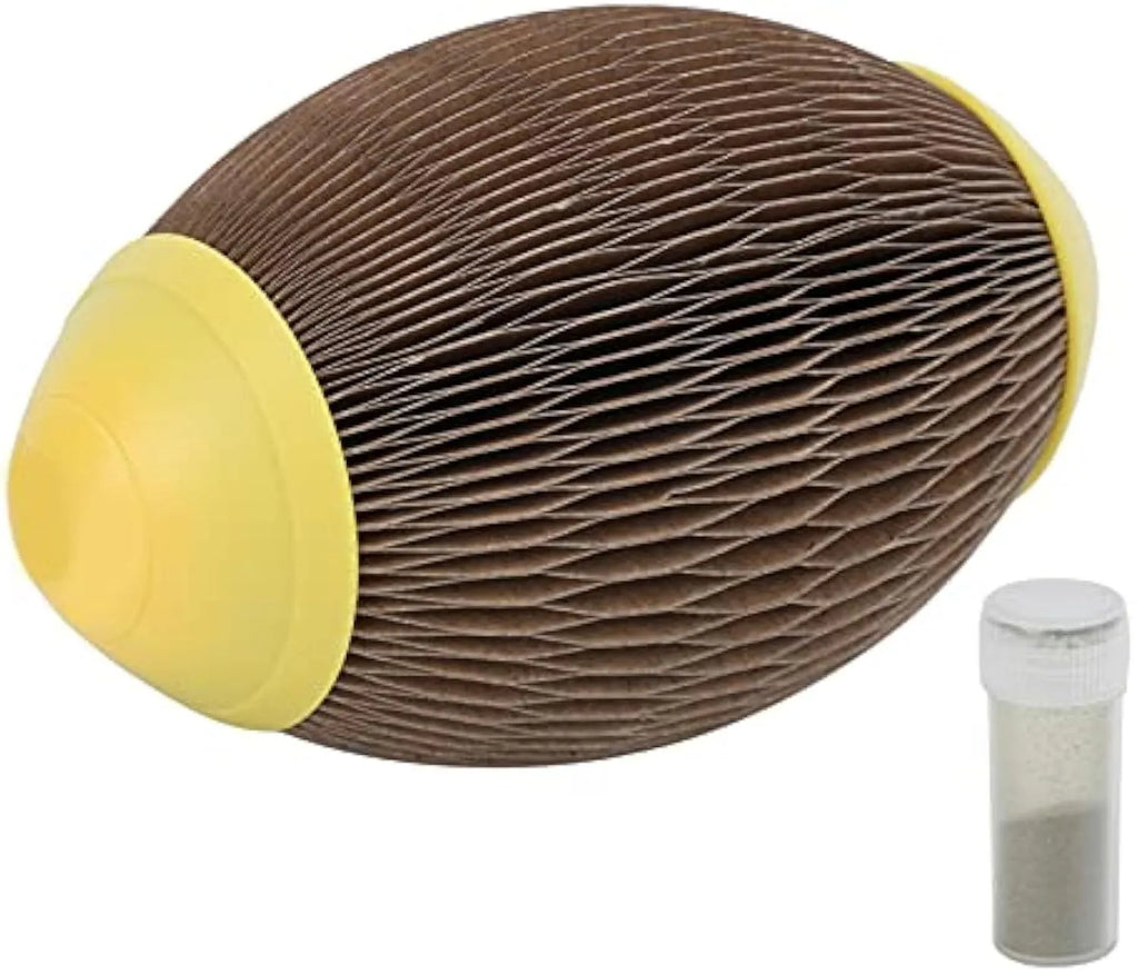 Ellipse-shaped corrugated paper catnip ball toy with scratch surface for cats.