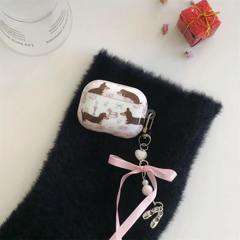 Floral sausage dog AirPods case cover in TPU soft shell with cartoon animal thermal transfer print