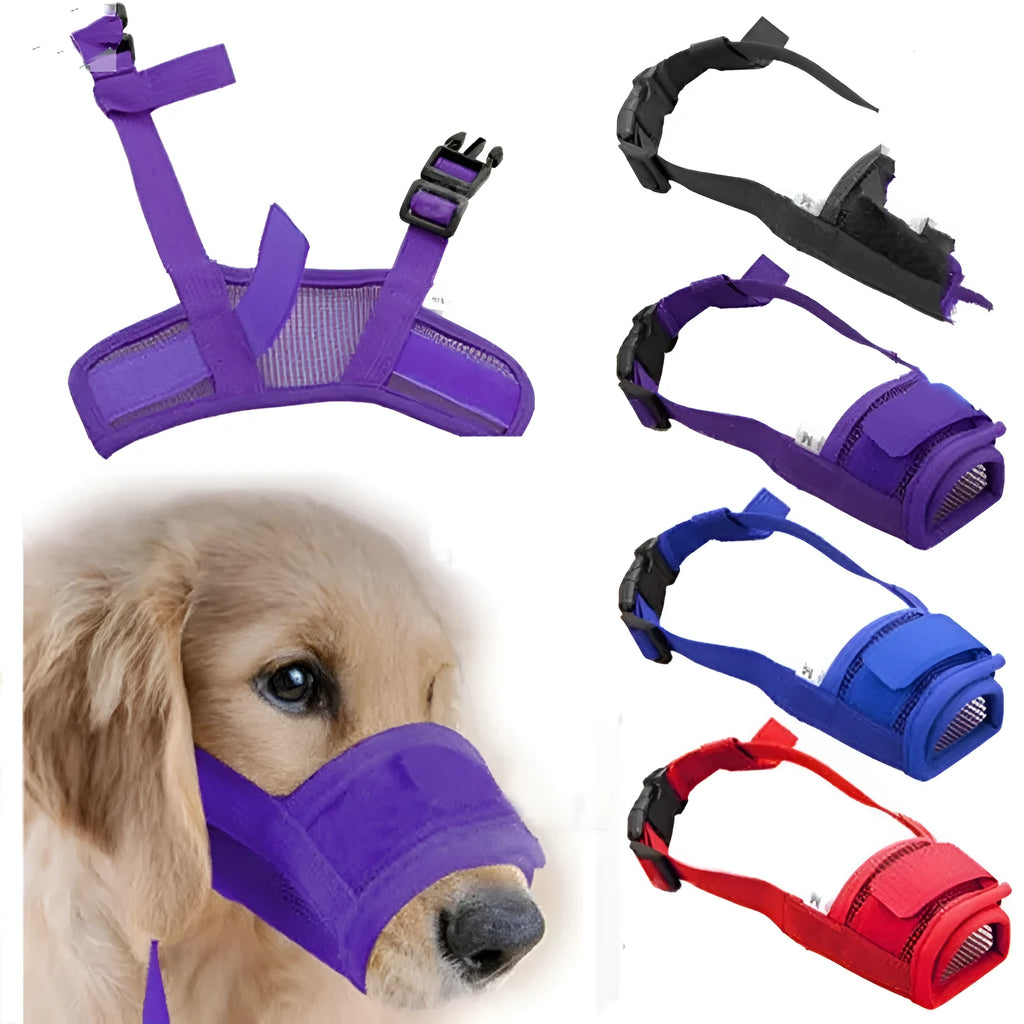 Adjustable plastic dog muzzle in black, shown on a model dog, with size chart for S, M, L, XL, XXL.