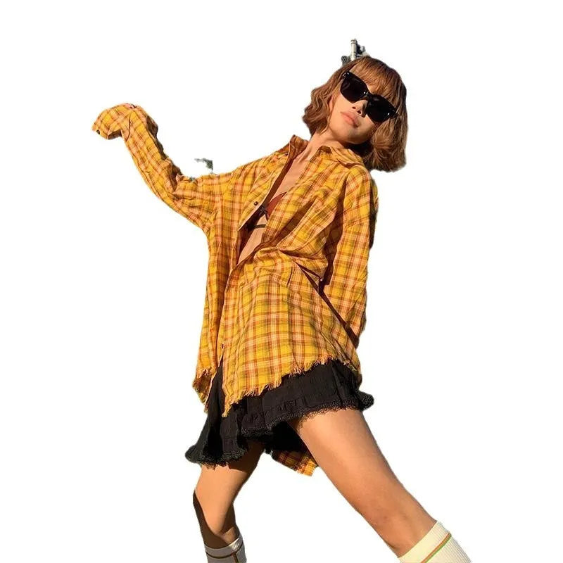 Dopamine yellow and black plaid shirt with a loose fit, shown on a hanger