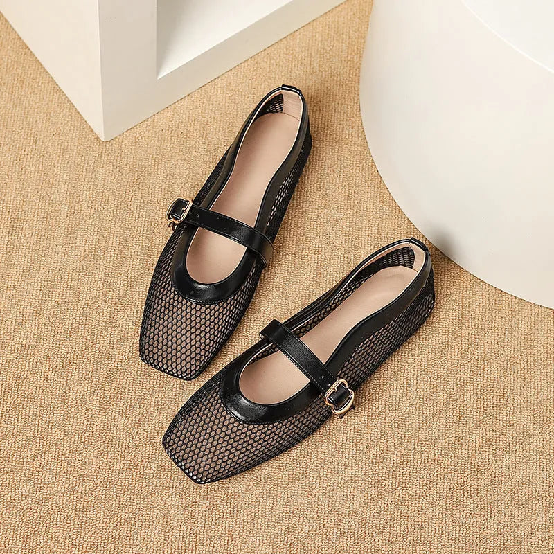 Women's beige mesh buckle sandals with a square toe and flat heel on a white background.