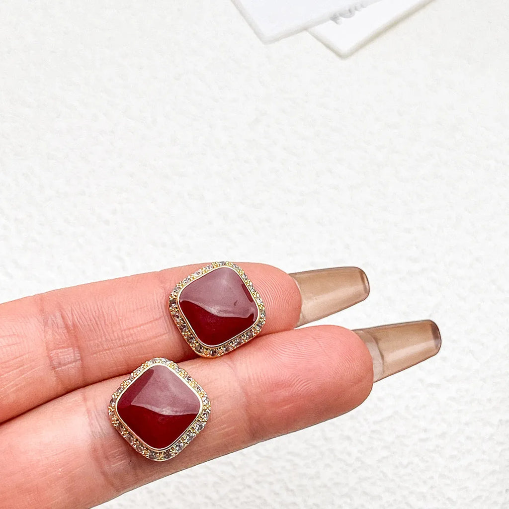 Red square geometric alloy earrings with inlaid design, retro style women's jewellery