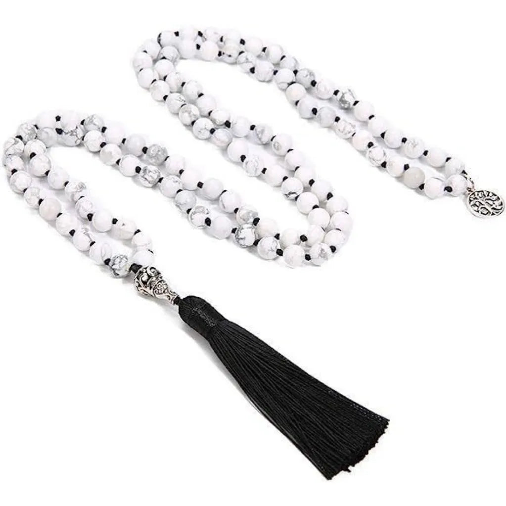 Handmade knotted beaded necklace with 108 stone beads on an 81cm chain