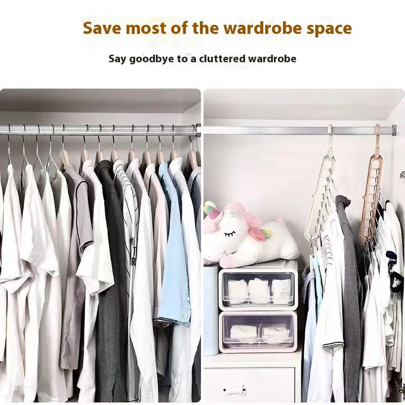 Multifunctional nine-hole plastic hanger for trousers and skirts in five colour options on a white background.