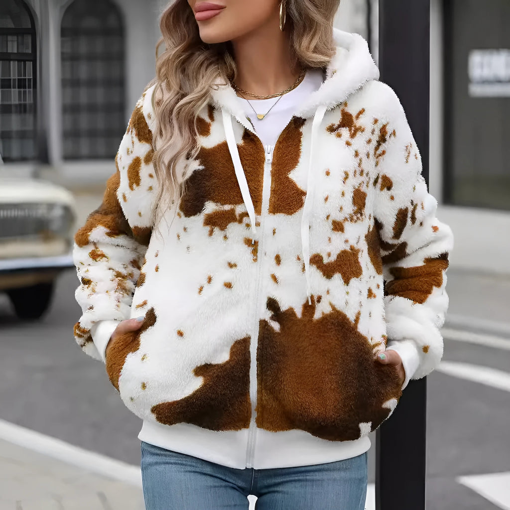 Yellow brown cow print plush hooded zip-up cardigan jacket