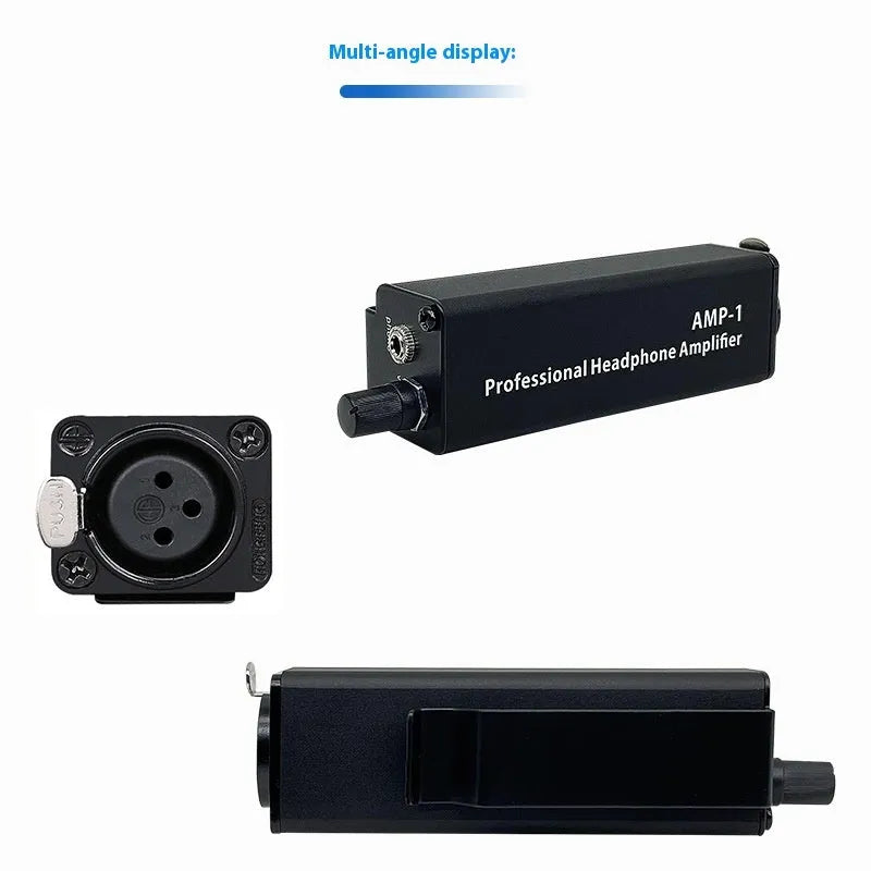 XLR headphone volume adjustment converter, AMP1 model, 9.6 × 2.6 × 3.15 cm, with adapter and manual