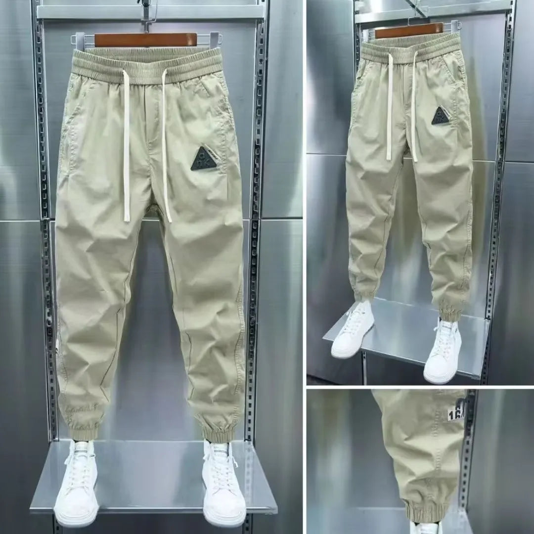 Men's ice silk leisure summer thin overalls, cropped ankle banded pants, black or gray, M-XXXL