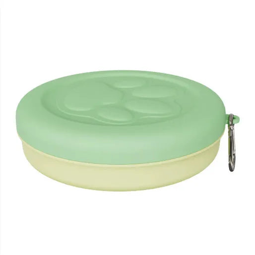 Collapsible portable dog bowl in silicone showing expanded feeding position and collapsed storage form
