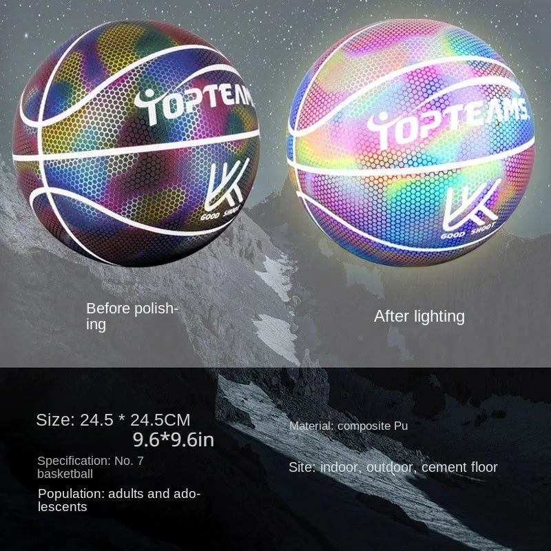 Creative fluorescent basketball size 7 with holographic luminous reflective PU surface in chroma colour