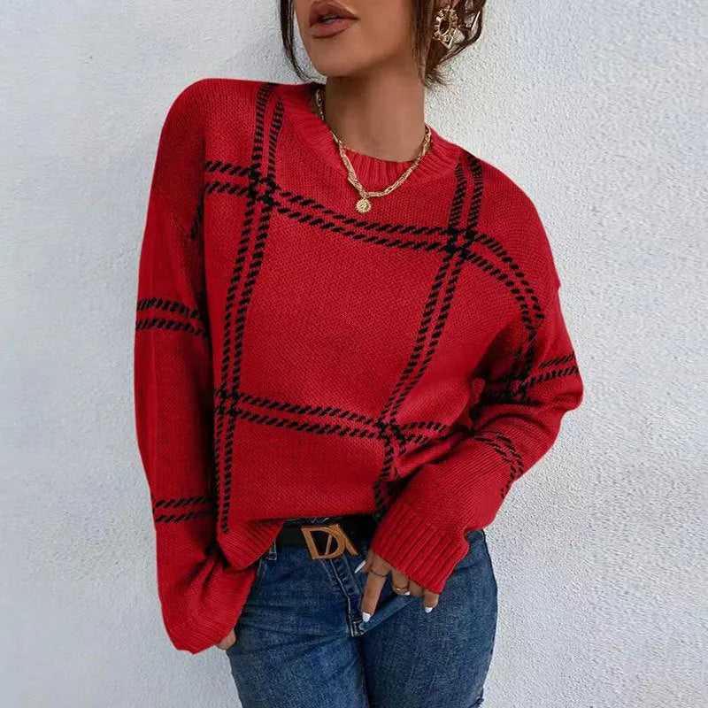 Women's loose-fit plaid colour-block crew neck pullover sweater in acrylic.