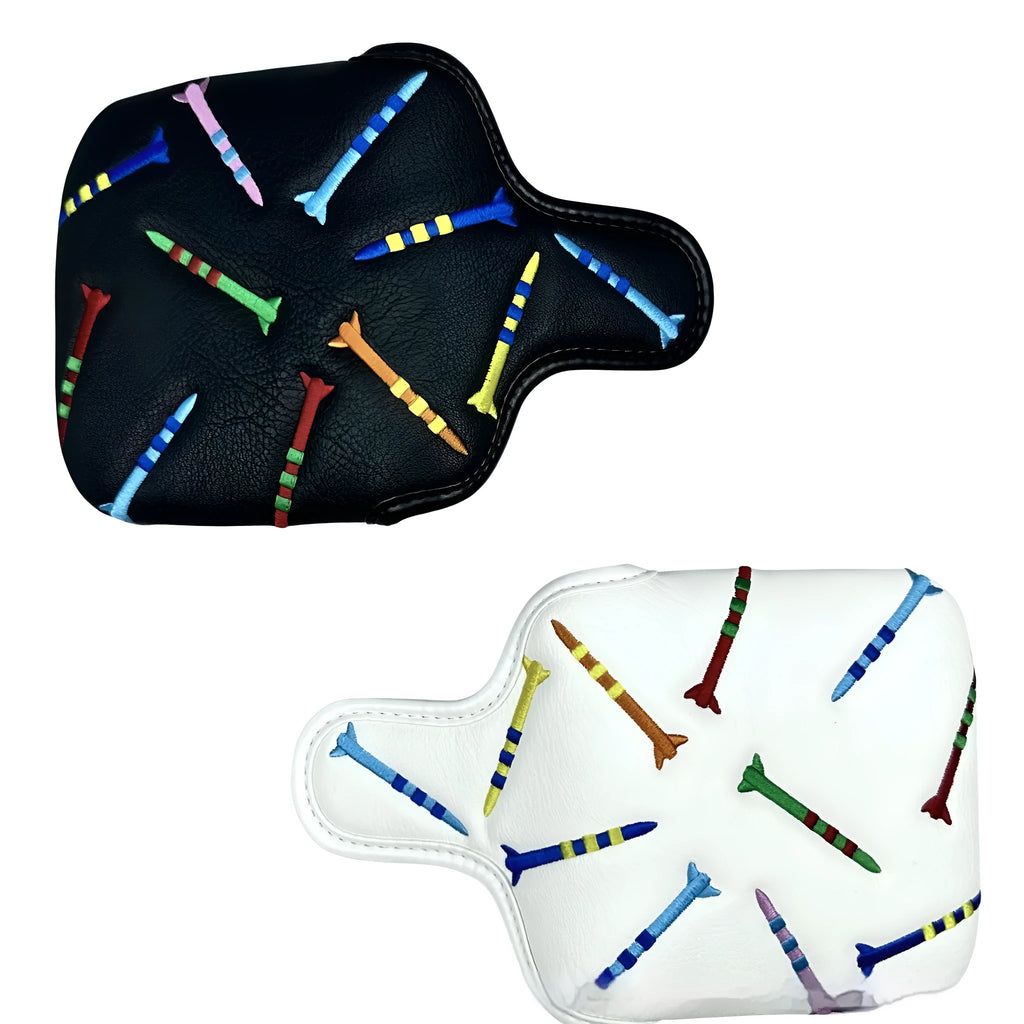 Black and white golf putter protective sleeve with rocket pattern design for square putter heads