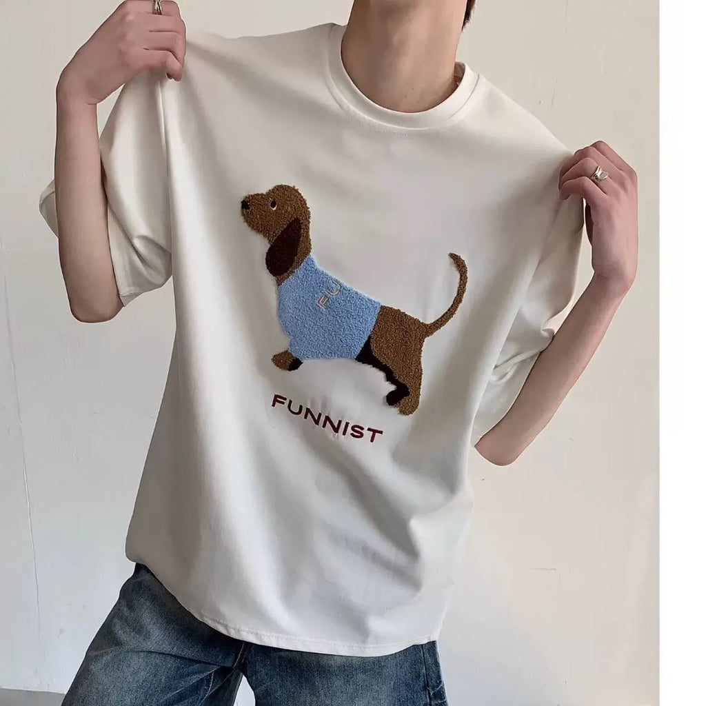 Men's grey cotton T-shirt with embroidered sausage dog design on front, short sleeves and round neck