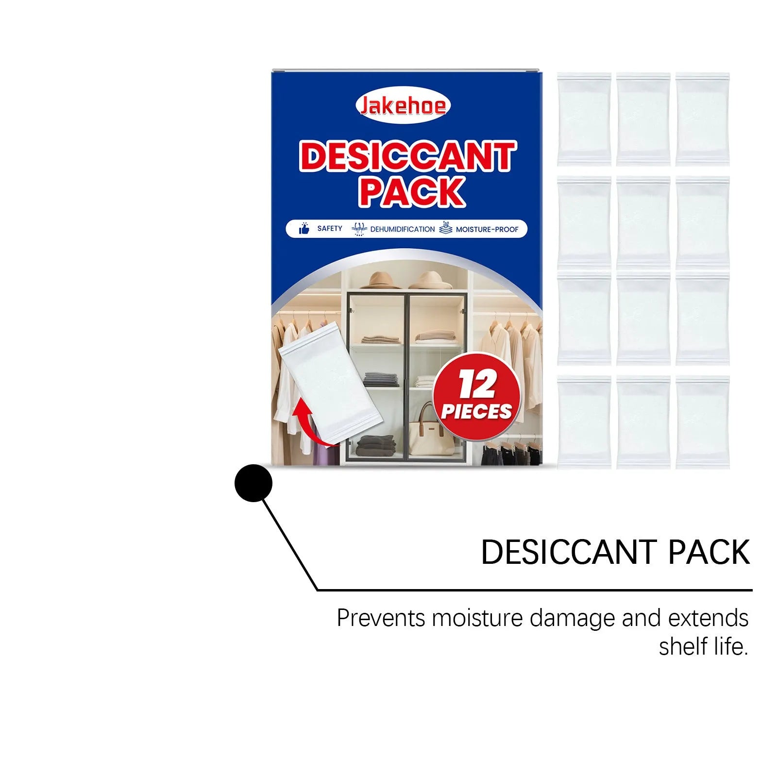Pack of 12 white calcium chloride desiccant bags for household moisture absorption.
