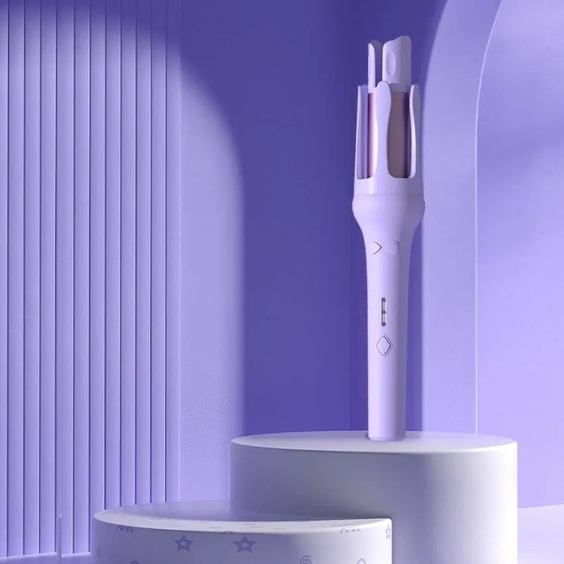 32mm automatic hair curler in white purple colour with wired power cord and plug adapter